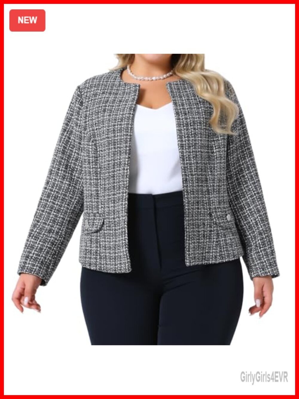Plus Size Collarless Tweed Blazer Open Front Long Sleeve Work Jacket